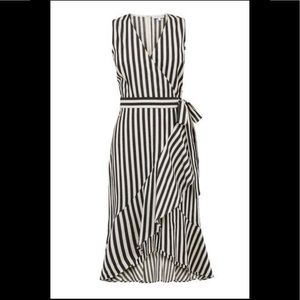 Warehouse Sz 8 Faux wrap ruffled striped dress
